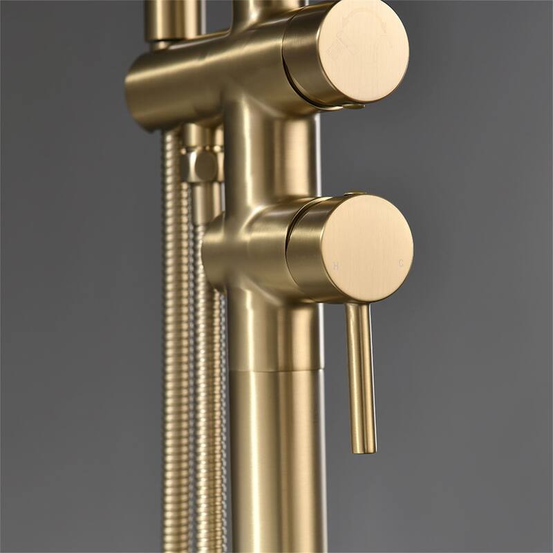 Freestanding Tub Faucet Brushed Gold Floor Mount Tub Filler with Double Handles and Handheld Shower Mixer Taps