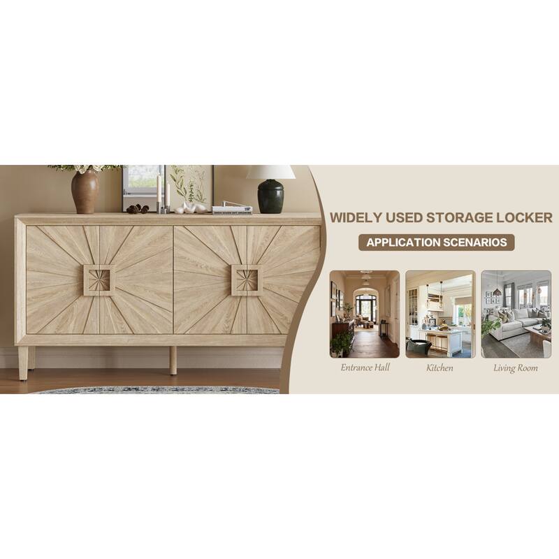 Roomfitters 60" Premium Farmhouse Credenza, Symmetrical Sunburst Door Design TV Stand with Adjustable Shelves