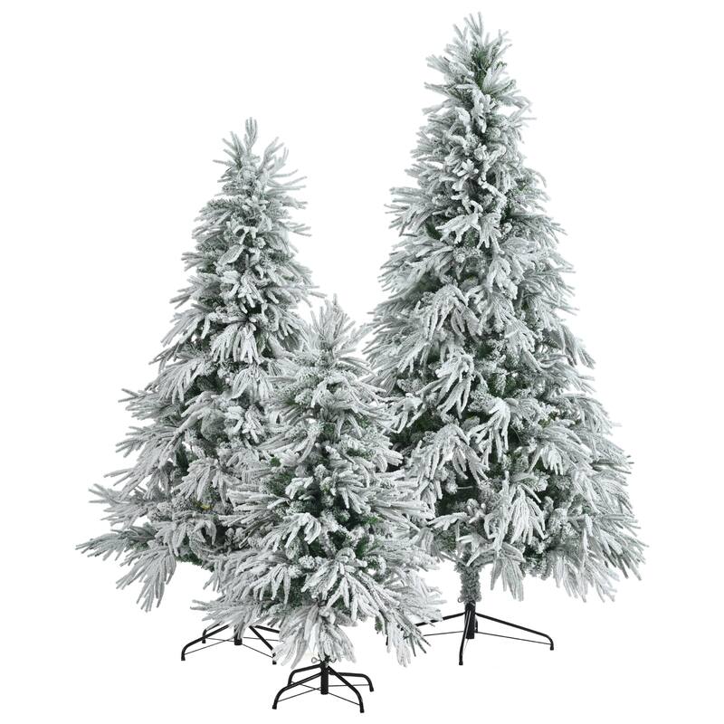 3-Piece Snow Flocked Christmas Tree Set with LED Lights and 8 Flashing Modes