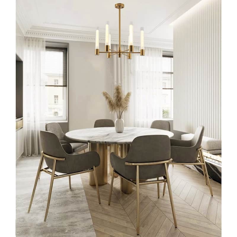 6-Light Brass Chandelier With Ribbed Clear Glass Shades