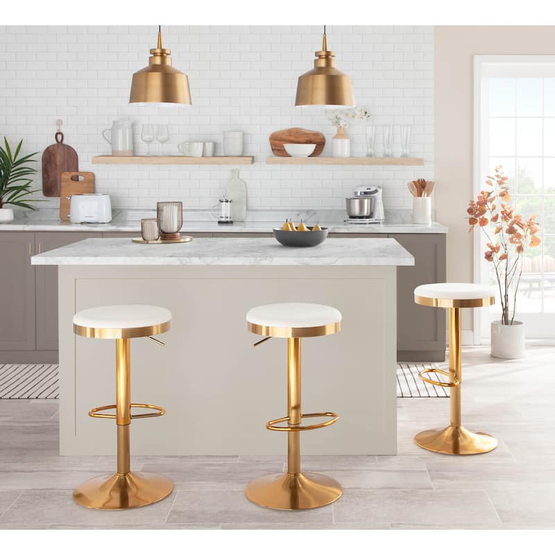 Lumisource Dakota Barstool in Gold Steel and White Leather - Set of 2 - 15"Lx15"Wx23-31.75"H