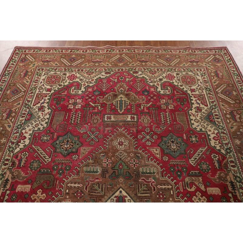 Geometric Pink Tabriz Persian Vintage Rug Hand-Knotted Wool Carpet - 6'7"x 9'9"
