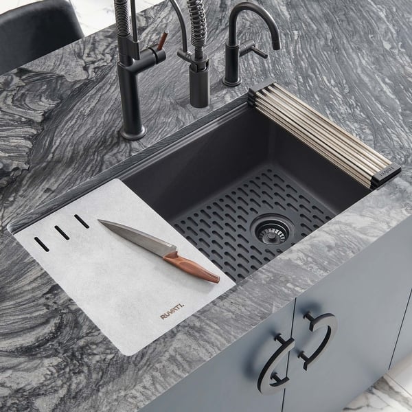 slide 2 of 11, Ruvati 33-inch Undermount Workstation Granite Composite Kitchen Sink Matte Black - - 33" x 18-1/2" - 33" x 18-1/2″