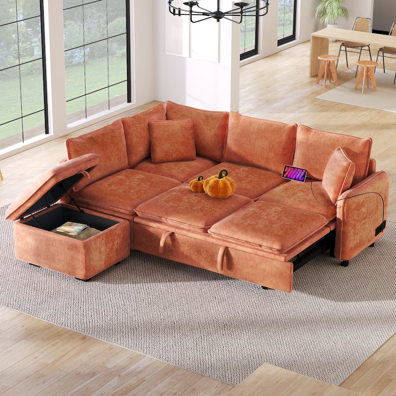 Convertible Sofa Bed Sectional Sofa Sleeper L-shaped Sofa，Ottoman,Two Pillows, Power Sockets and USB , Orange - Left Facing - Orange