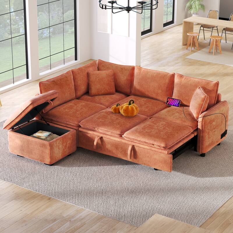 Orange 82.67" L-Shaped 5-Seat Sectional Sofa with Pull-Out Bed, Storage Ottoman, 2 USB Ports, Power Sockets, and 2 Cushions - Orange