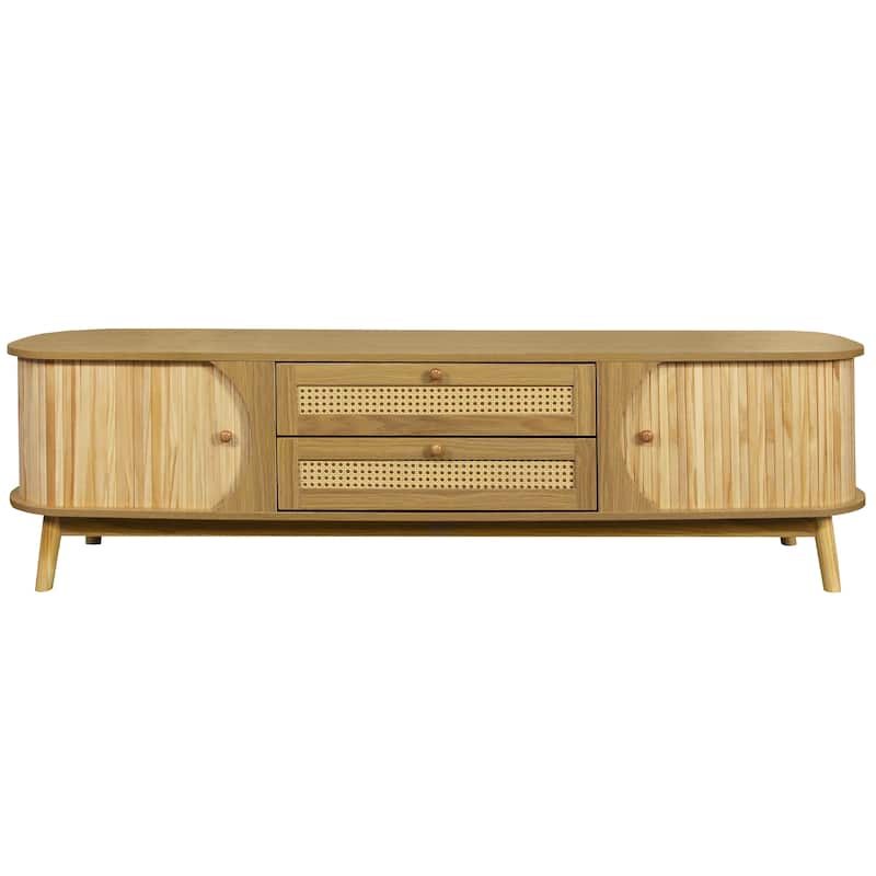 Rattan TV Stand Media Console w/ Sliding Doors Cabinets & 2 Drawers