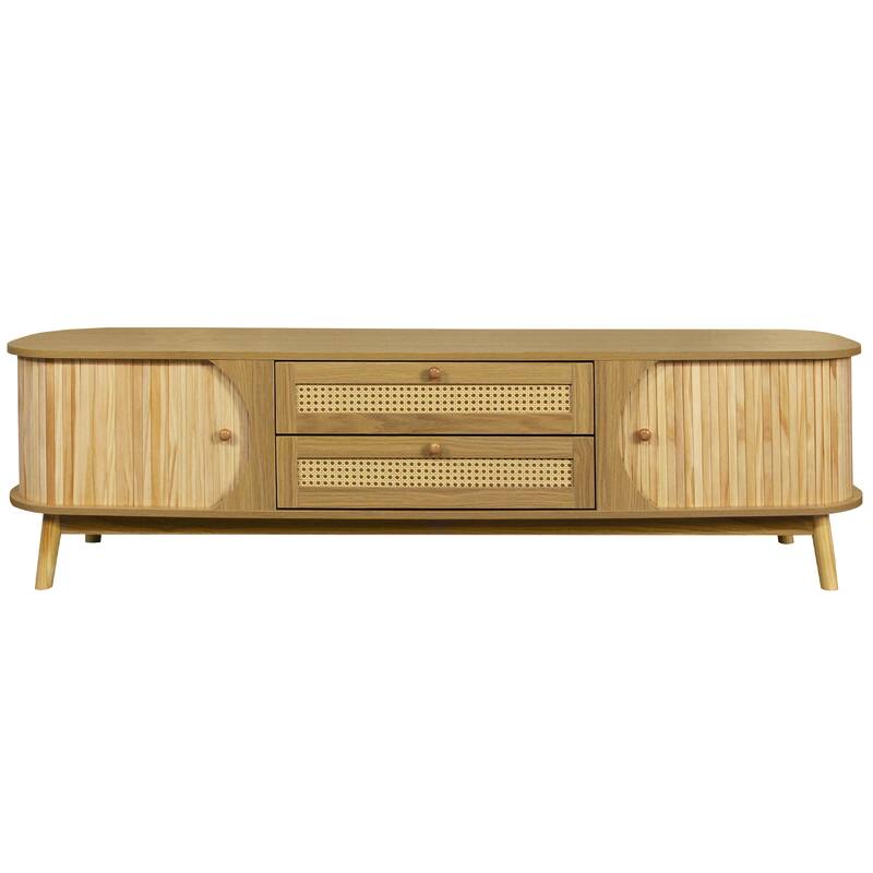 Rattan TV Stand for TVs up to 75'', Modern Farmhouse Media Console, Entertainment Center with Solid Wood Legs, TV Cabinet