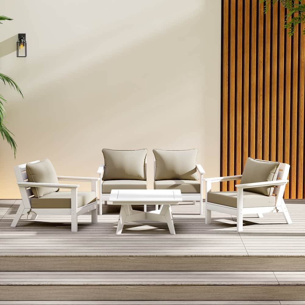 Birchwood All Weather HDPE Outdoor Patio White Deep Seating Conversation Set (5-Piece Set)