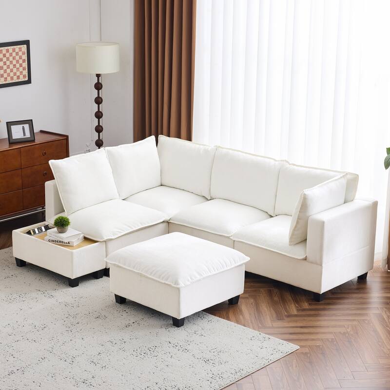U-Shaped Sectional Sofa with Ottoman, Coffee Table with Hidden Charging Devices, Oversized Chenille Upholstered Cloud Sofa