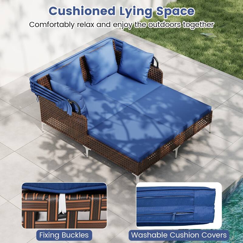 Gymax Outdoor Daybed w/ Retractable Canopy PE Wicker Rattan Patio