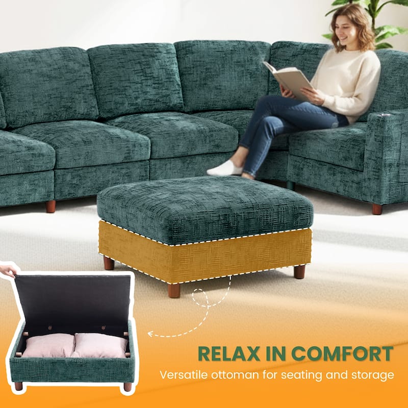 GDFStudio - Modular Chenille L-Shaped 159" 6-Seater Sectional Sofa with Storage & Cup Holders