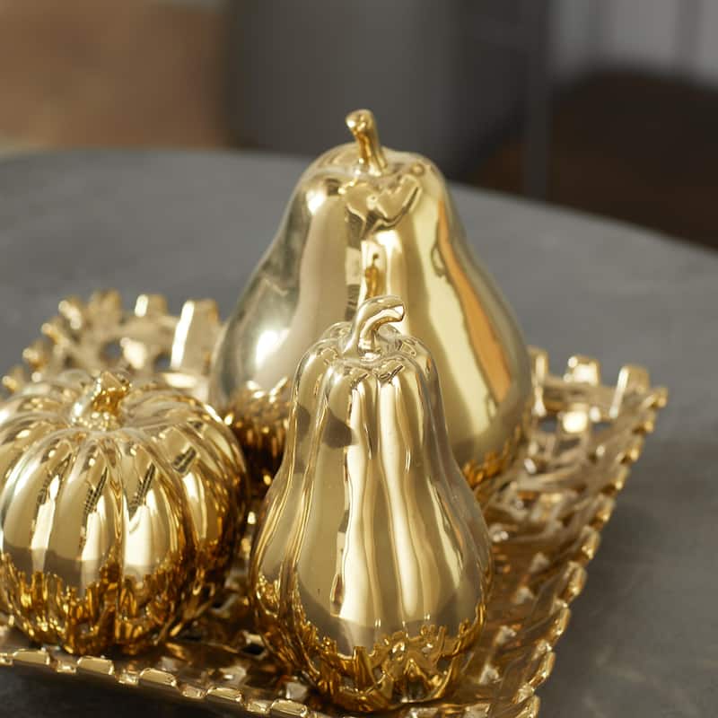 Ceramic Fruit Pear, Pumpkin, and Squash Decorative Sculpture with Decorative Plate - Set of 4 Gold or Silver - Roche River Decor