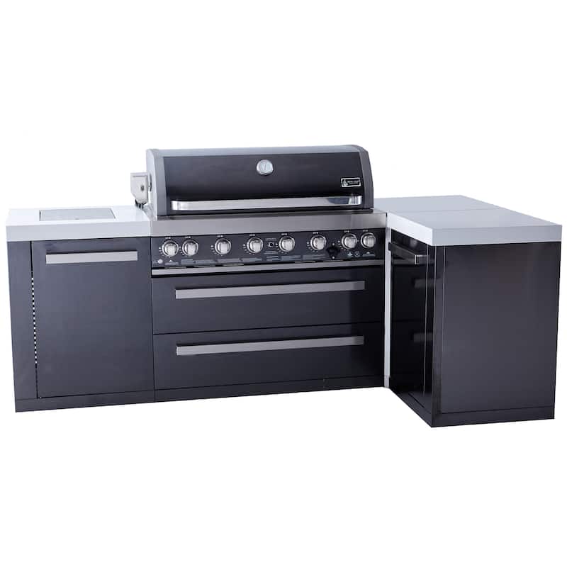 Mont Alpi MAi805-BSS90 L-Shaped 6-Burner Black Stainless Steel Modular Outdoor Kitchen Island Gas Grill + Infrared Side Burner - Black - Natural Gas/Propane Gas