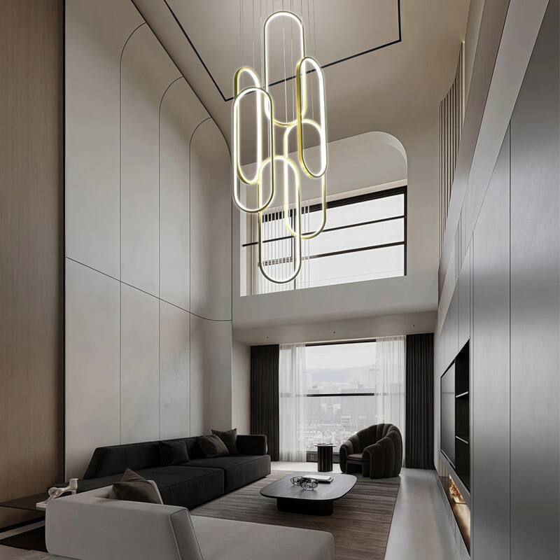 6 Rings Modern Chandelier Dimmable LED Living Room Foyer Chandelier Lighting Fixture High Ceiling Pendant Light Fixture