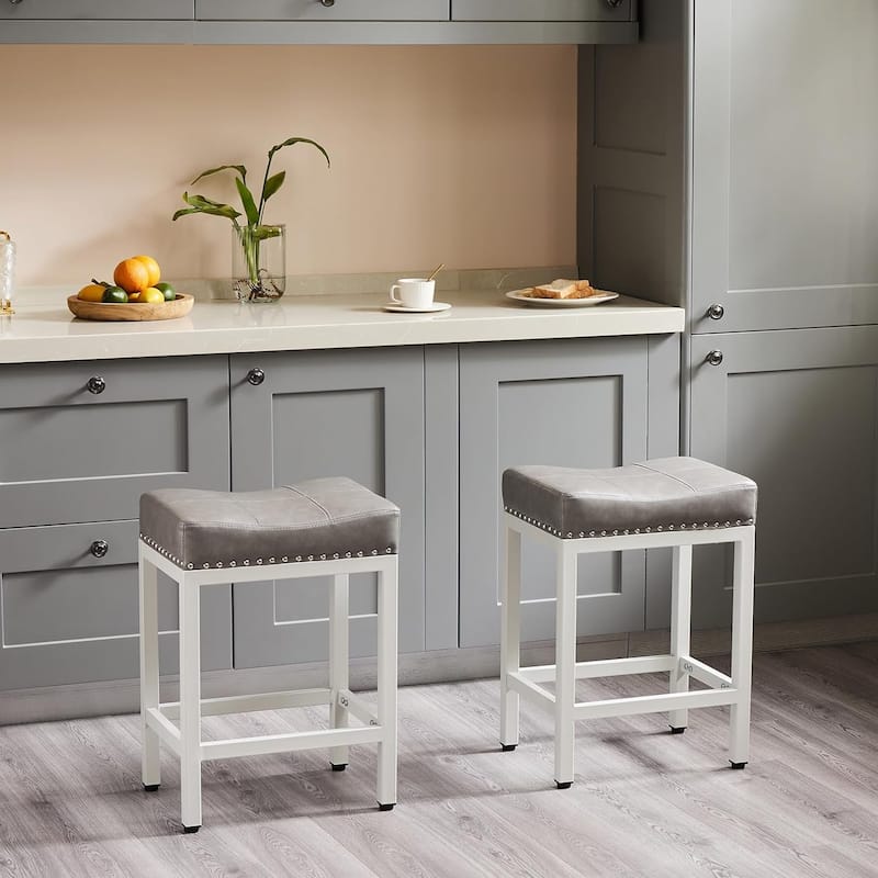 Bar Stools Set of 2, 24 inch Counter Height Saddle Stools, Upholstered Modern Kitchen Barstools with Metal Base, PU Leather - White With Light Grey Cushion