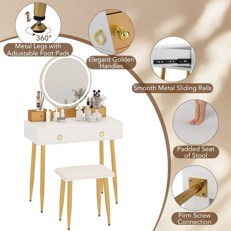 Costway Vanity Makeup Dressing Table Stool Set 3-Color Lighted Mirror - See Details
