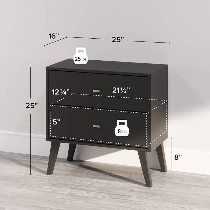 Prepac Milo Mid-Century Modern 2 Drawer Nightstand, Bedside Table, Contemporary Bedroom Furniture