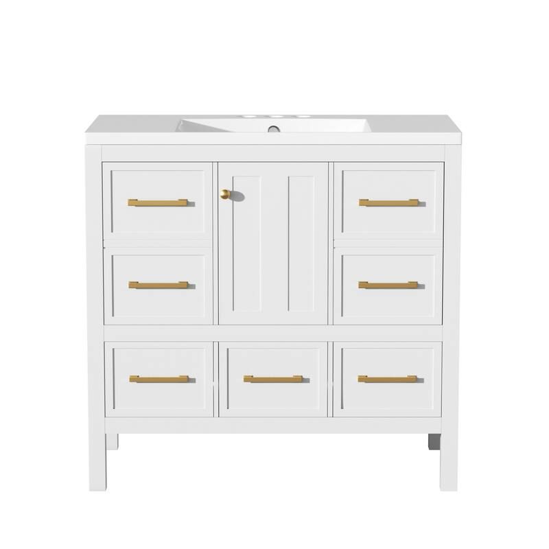 Freestanding Vanity for Bathroom with Resin Sink, Storage Cabinet with 5 Drawers, Soft Closing Doors and Gold Metal Handles