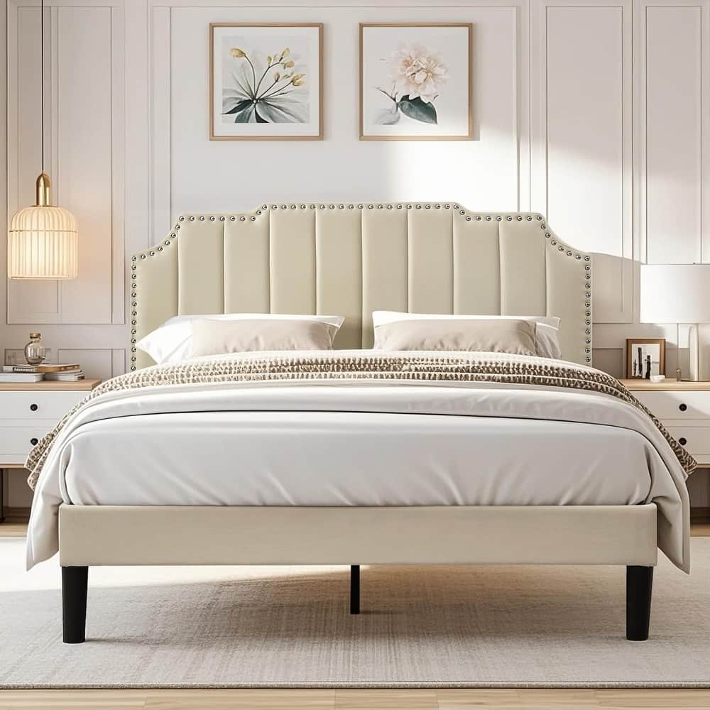 VECELO Upholstered Bed Frame with Nailhead Trim Adjustable Height Headboard, Twin/Full/Queen Size Bedframes