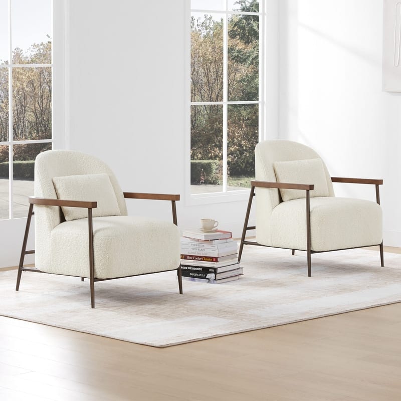 Spruce & Spring Anthony Modern Upholstered Faux Sherpa Chair with Wood Arms&Metal Legs