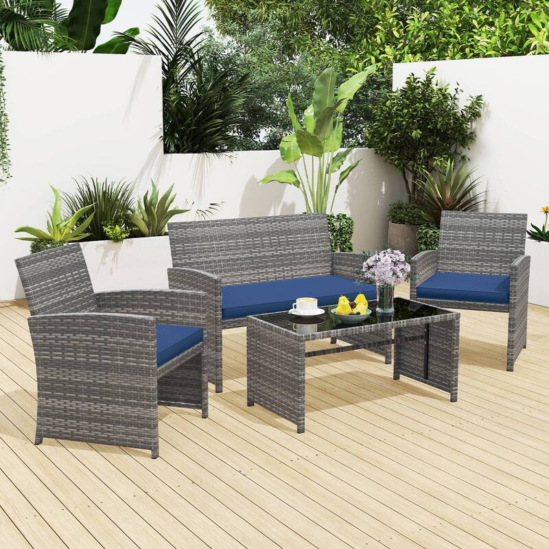 Gymax 4 Piece Patio Furniture Set Outdoor Wicker Conversation Set w/