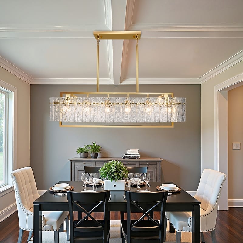 6 lights Rectangle Gold Crystal Chandeliers for Dining Room, 39" Large Linear Water Ripple Glass Island Light Fixture