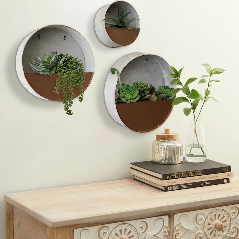Modern Home Round Living Wall Mounted Galvanized Steel/Zinc Succulent/Herb Planter - Indoor/Outdoor Living Art Potting Vessel