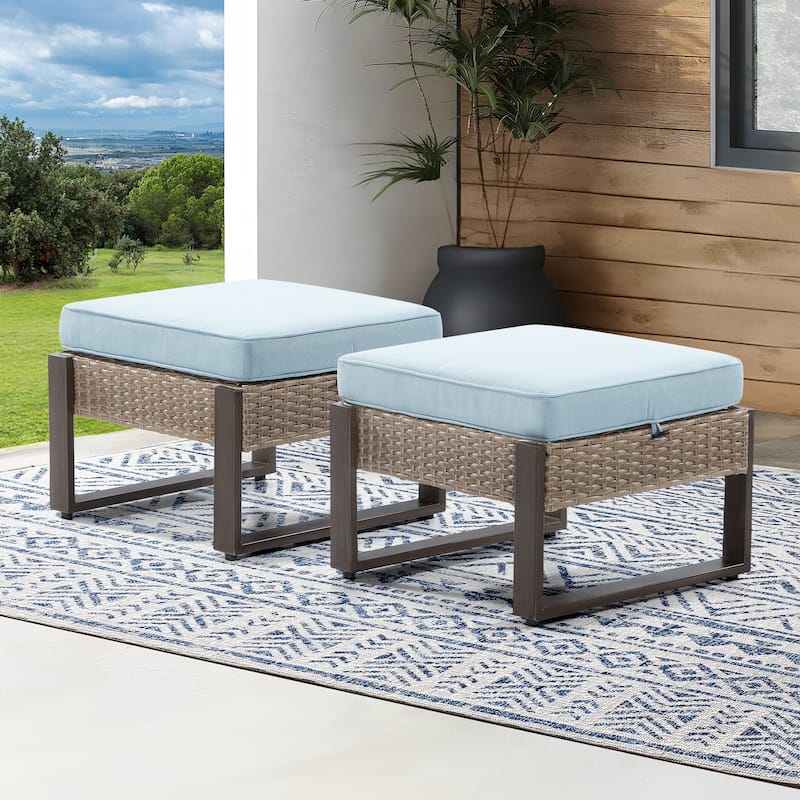 Cozywor 2-Piece Wicker Outdoor Patio Ottoman with Steel Frame and Cushions - Light Blue