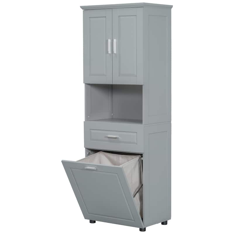 Roomfitters Tall Bathroom Cabinet with Tilt-Out Laundry Basket and Upper Storage Compartment Large Organizer