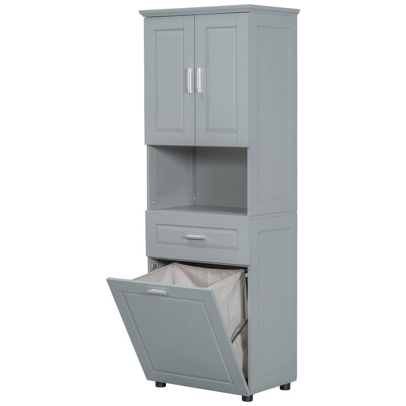 Waterproof Bathroom Cabinet with Tilt-Out Laundry Basket, Large Double Door Storage Cabinet with Adjustable Shelf and Drawer