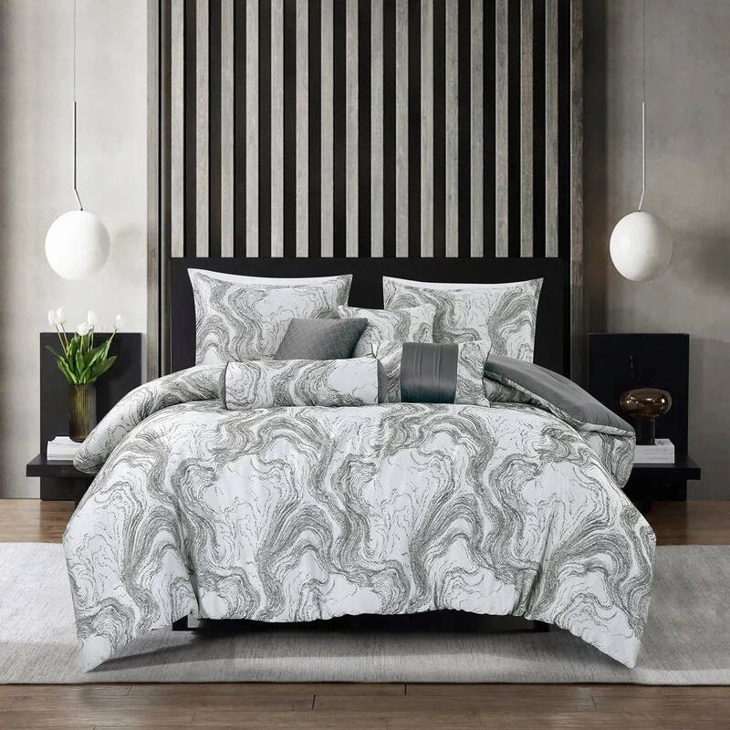 7 Piece White Grey Abstract Modern Bedding Comforter Set - King