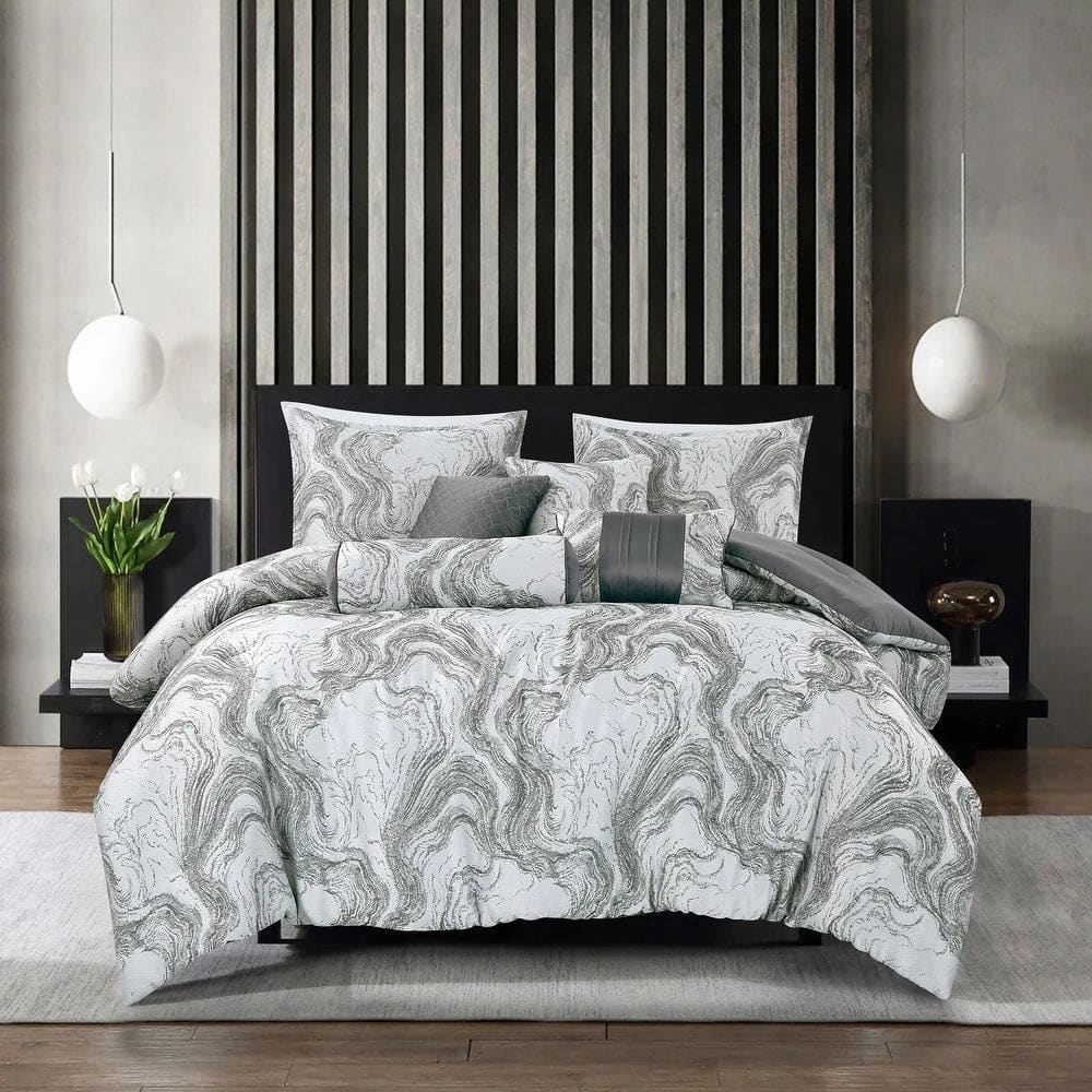 7 Piece White Grey Abstract Modern Bedding Comforter Set