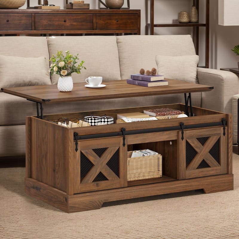 Moasis Lift Top Coffee Table with Hidden Storage and Shelves Farmhouse Sliding Barn Doors