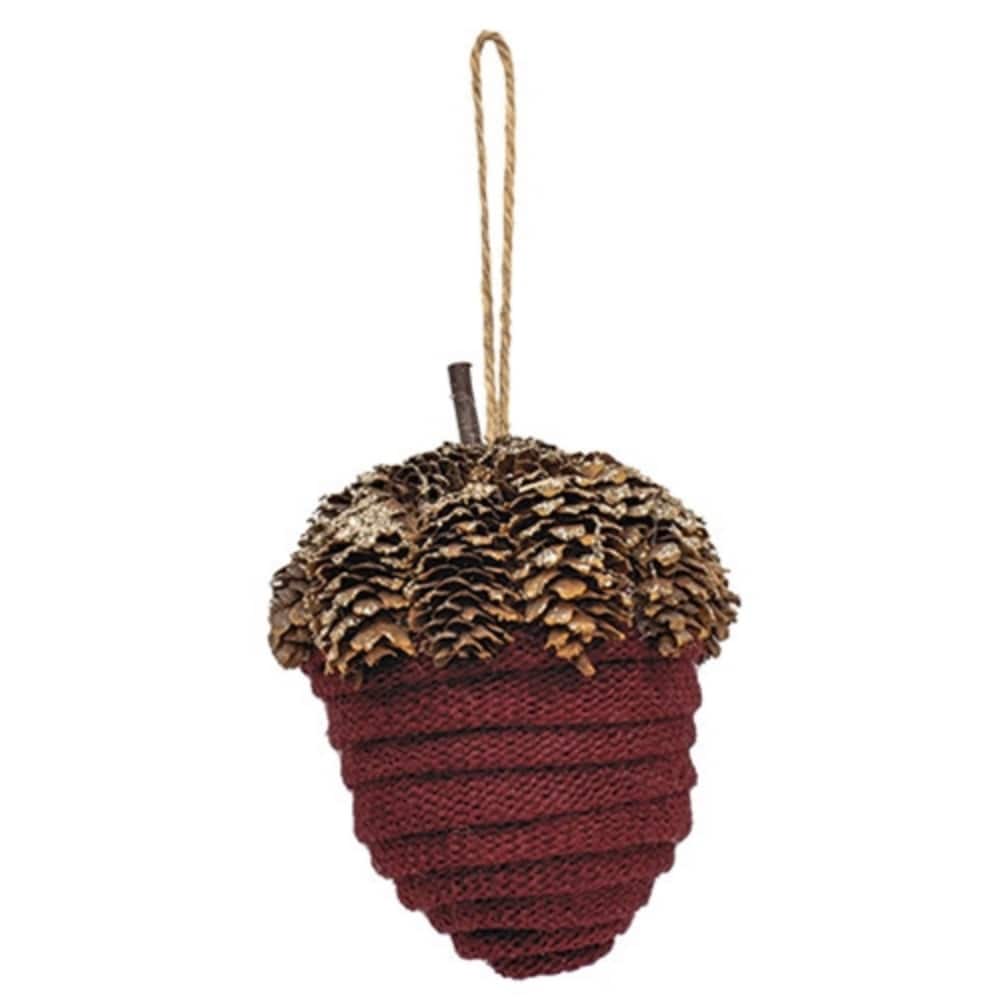 Burgundy Fabric Acorn Ornament with Glitter and Jute Hanger - 5-Inch Height