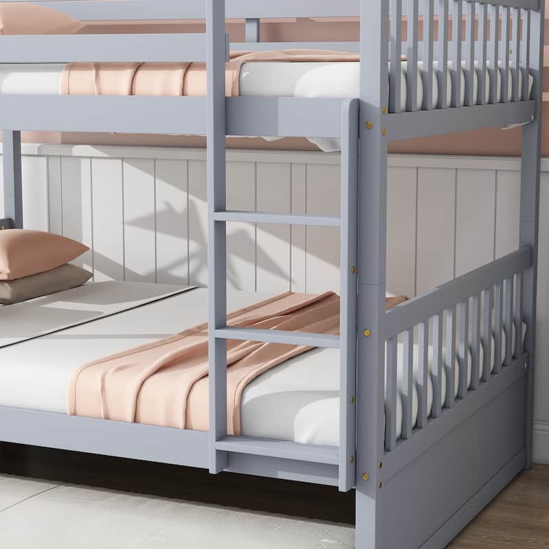 Rubber Wood Bunk Bed with Trundle Bed,Converted into 2 Individual Beds