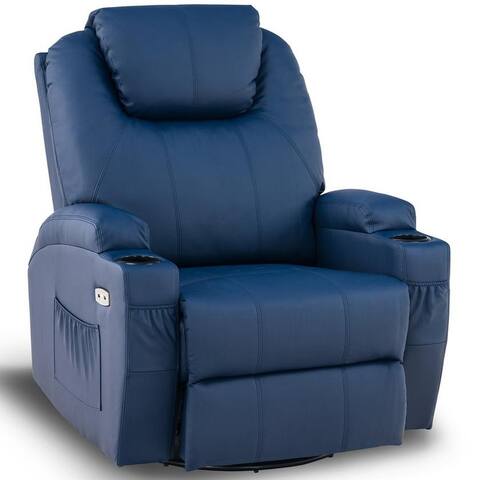 Mcombo Manual Swivel Glider Rocker Recliner Chair with Massage and Heat, Pockets, 2 Cup Holders, Faux Leather 8031