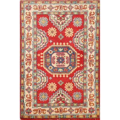 Red Geometric Kazak Oriental Accent Foyer Rug Handmade Wool Carpet - 2'0" x 3'0"