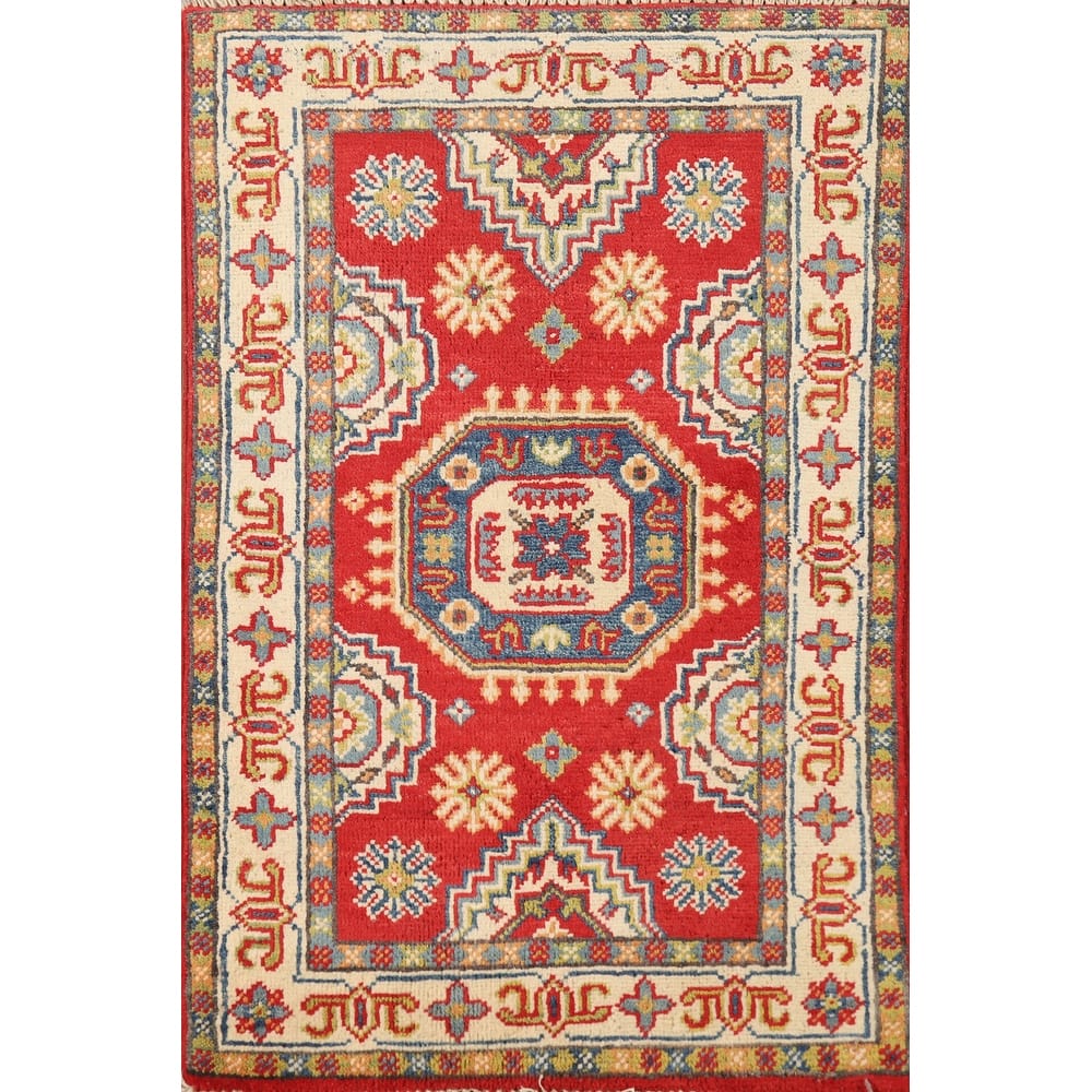 Hand Knotted Oriental 100% Wool Carpet Traditional Geometric Red Kazak Area Rug - 3' 0'' X 2' 0''