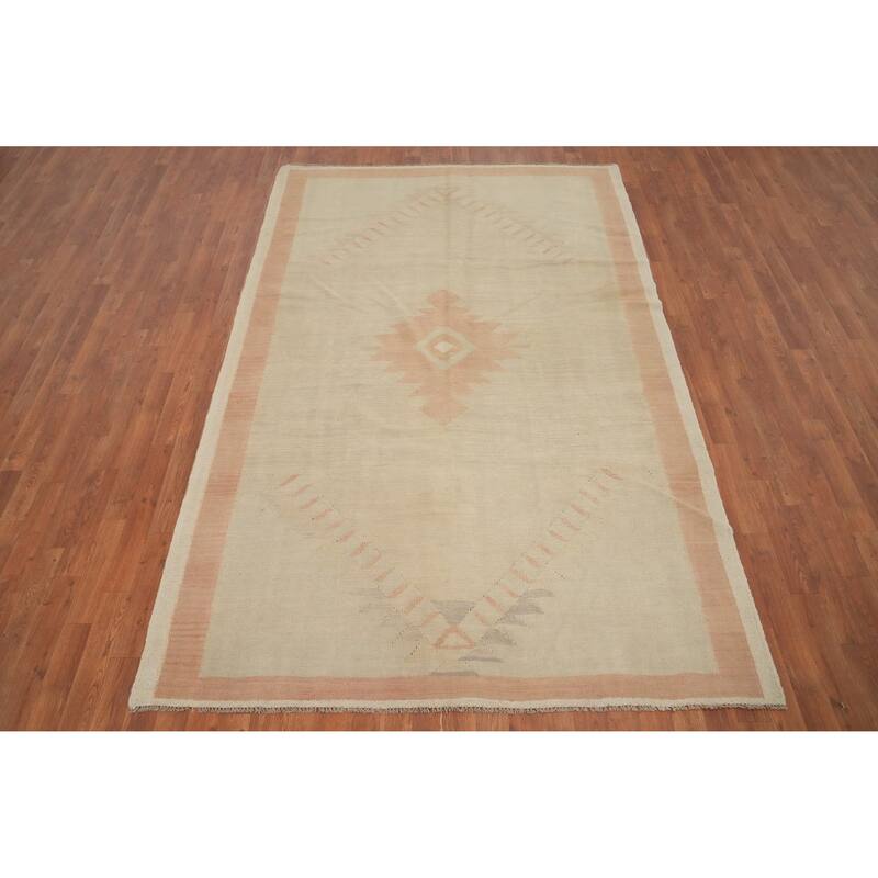 Hand Woven Oriental 100% Wool Carpet Southwestern Tribal Beige & Ivories Kilim Area Rug - 8' 10'' X 5' 8''