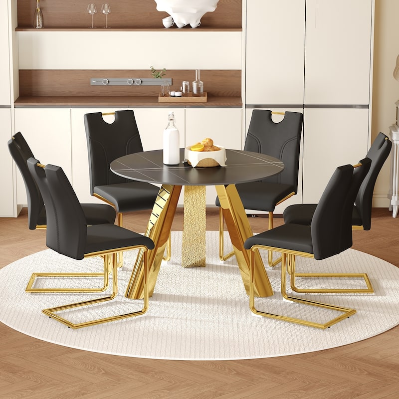 Modern Luxury Round Sintered Stone Dining Set Gold Metal Base + 4 Black PU Upholstered Chairs Elegant Contemporary Collection