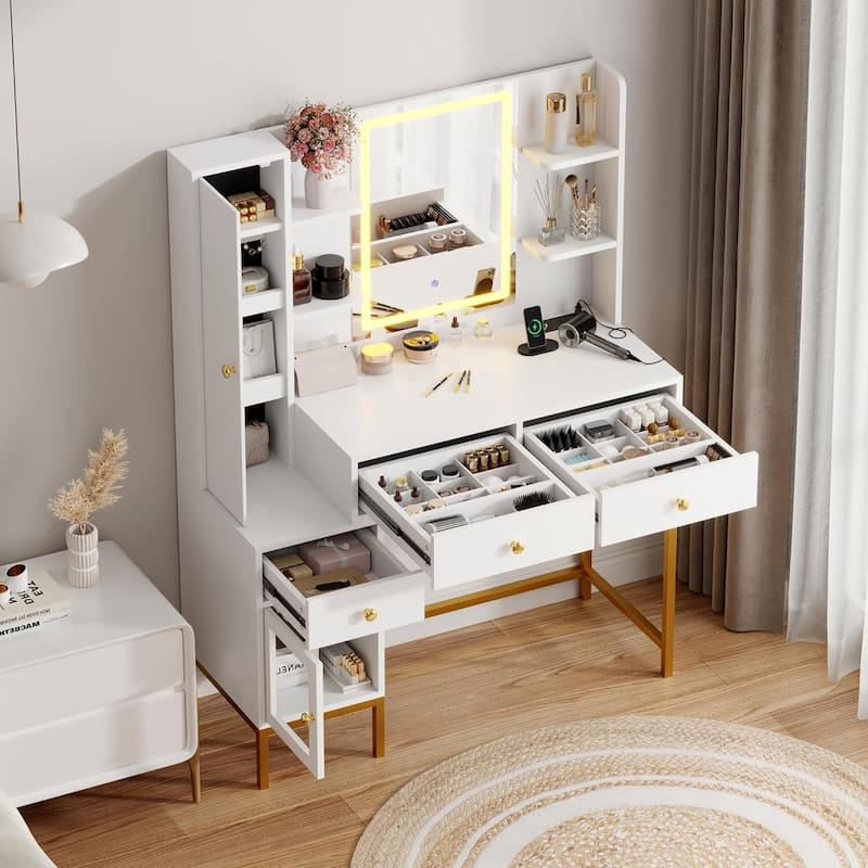 Modern Makeup Vanity Table with Charging Station,3 Drawers and Open Shelves