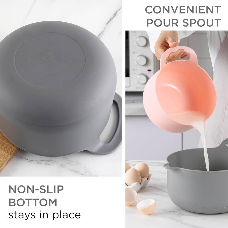 COOK WITH COLOR Nesting Plastic Mixing Bowl Set with Pour Spouts and Handles, Pink, 4 Piece Non-Slip