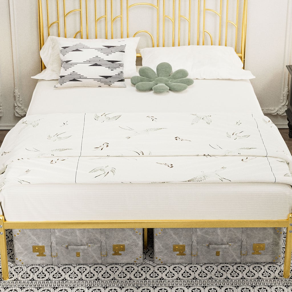 Queen Size Metal Bed Frame with Iron-art Headboard, Gold Finish, Sturdy Support & Under-bed Storage