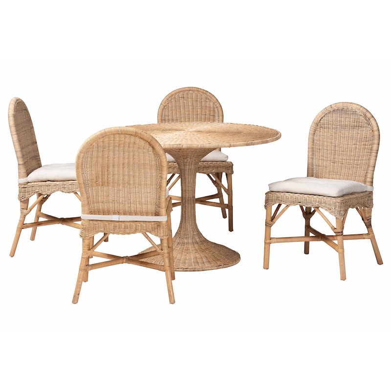 Linda 5-Piece Natural Rattan Dining Set - Handwoven Wicker Dining Furniture with Cushioned Seats, Boho Coastal Dining Room Set - Light Honey