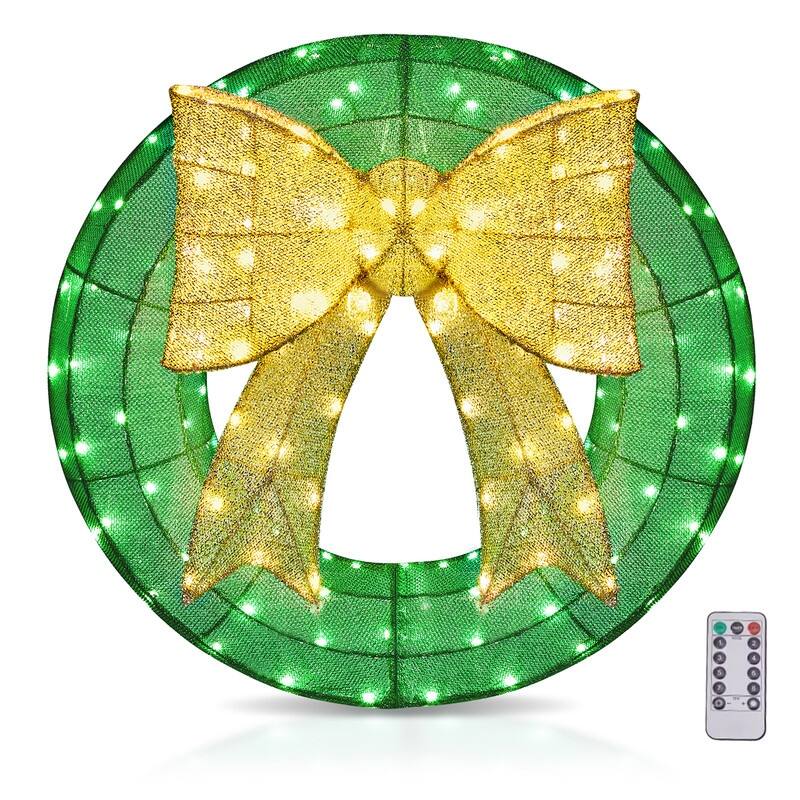 24in Pre-lit Christmas Wreath Decoration, Lighted Metal Wreath,Green and Warm White LED Lights, for Indoor Outdoor Holiday Party