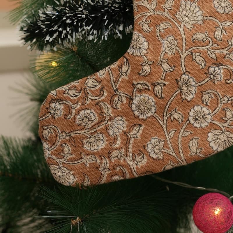 Fabdivine Hand Block Floral Print Christmas Knit Stockings, Home Decorative Gift Use - 16"X6.5" - Himachal- Light Brown - Christmas Stockings