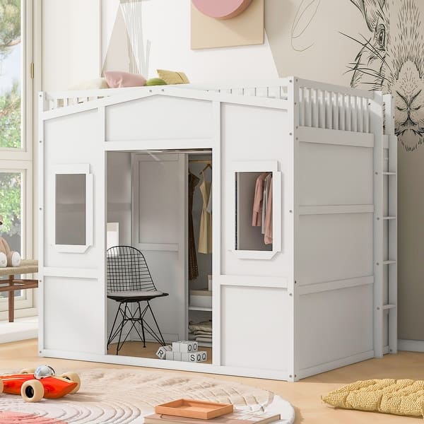 slide 2 of 16, White Full Size Solid Wood House Loft Bed with Ladder and Wardrobe for Kids Full - White