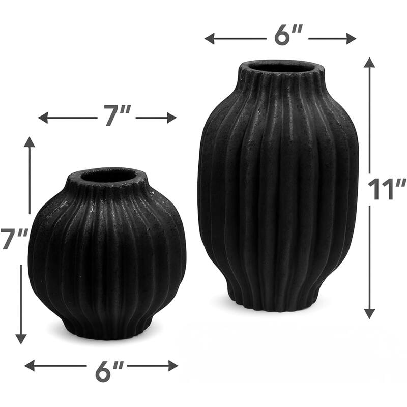 ARIA HOME Black Vertical Modern Ceramic Grooved Table Vase Set of 2