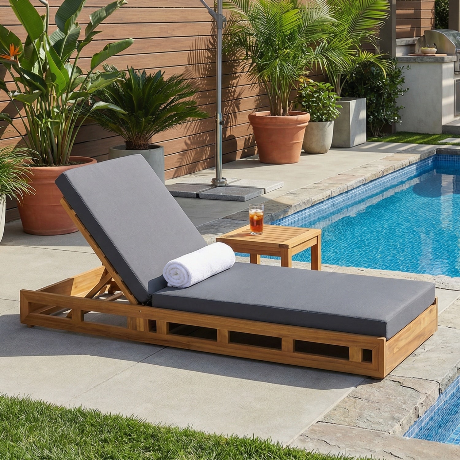 Outdoor Acacia Wood Adjustable Chaise Lounge Chair with Thick Cushion