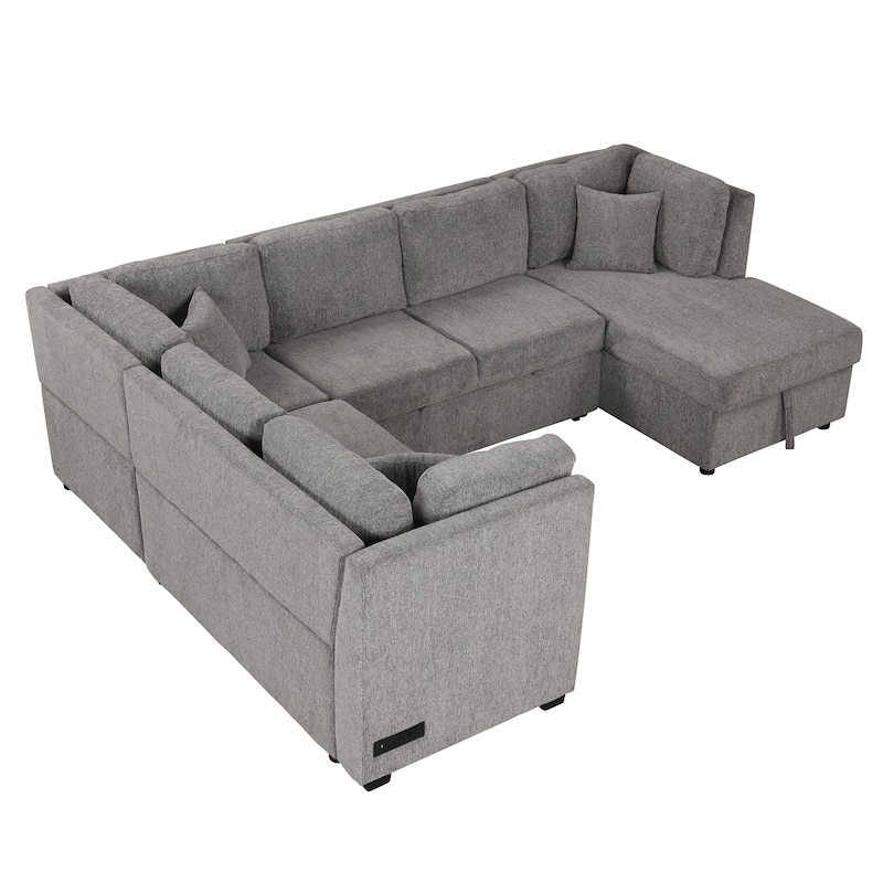 Grey 108.6" Fabric U-Shaped 6-Seater Sofa with Pull-Out Bed